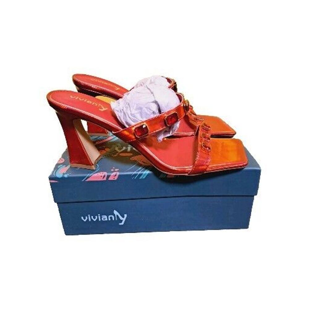 Vivianly Women's Square Open Toe Mid Block Heeled Sandals Red Rhinestone 10